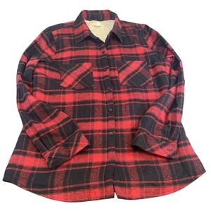 Flannel Shirt Jacket Sherpa Lined Button‎ Up Red Black Plaid